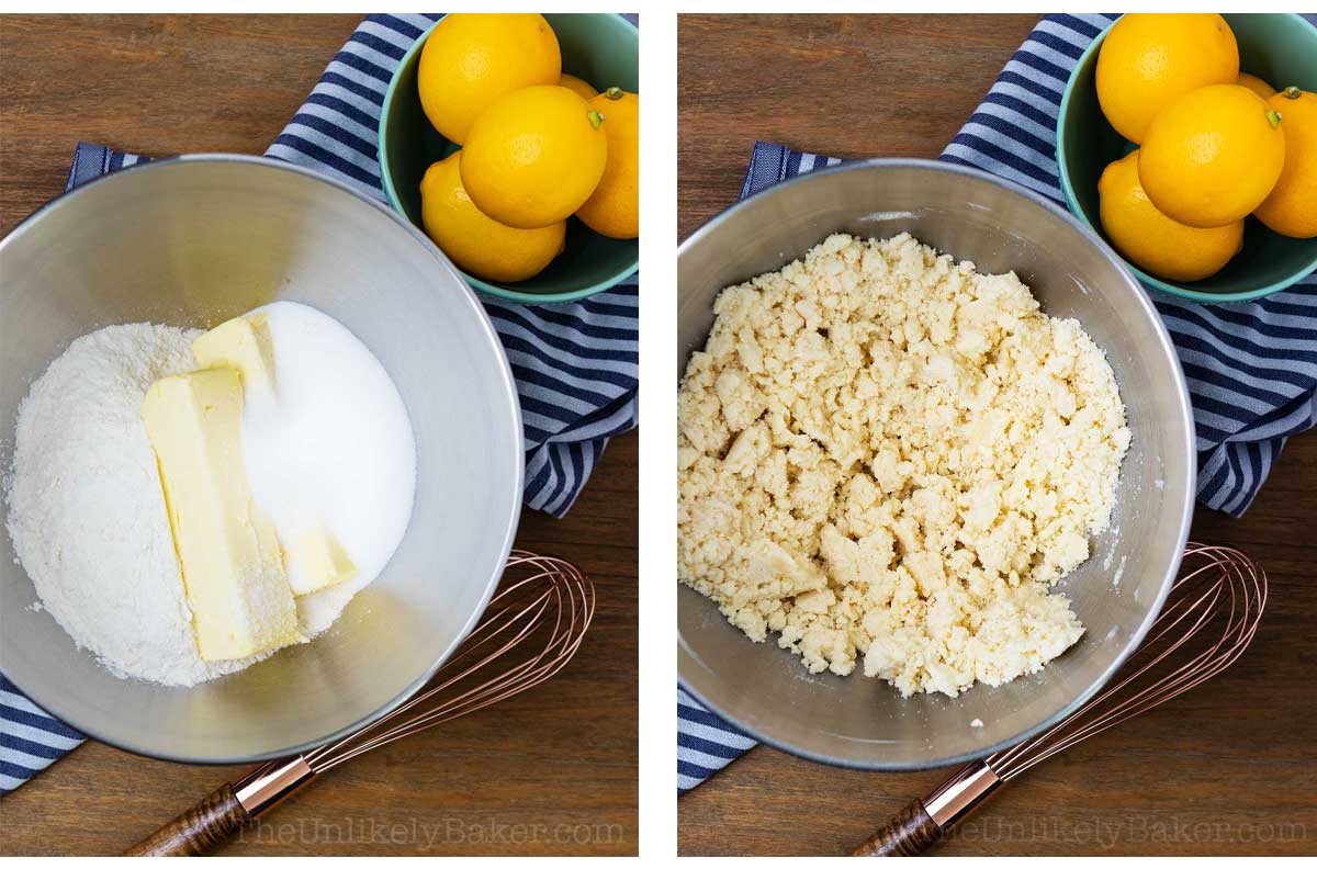 Photo collage - butter, sugar and flour in a bowl.