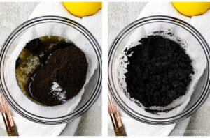 Photo collage - oreo cookie crumbs and butter in a bowl.