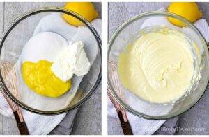 Photo collage - cream cheese, sugar and lemon curd in a bowl.