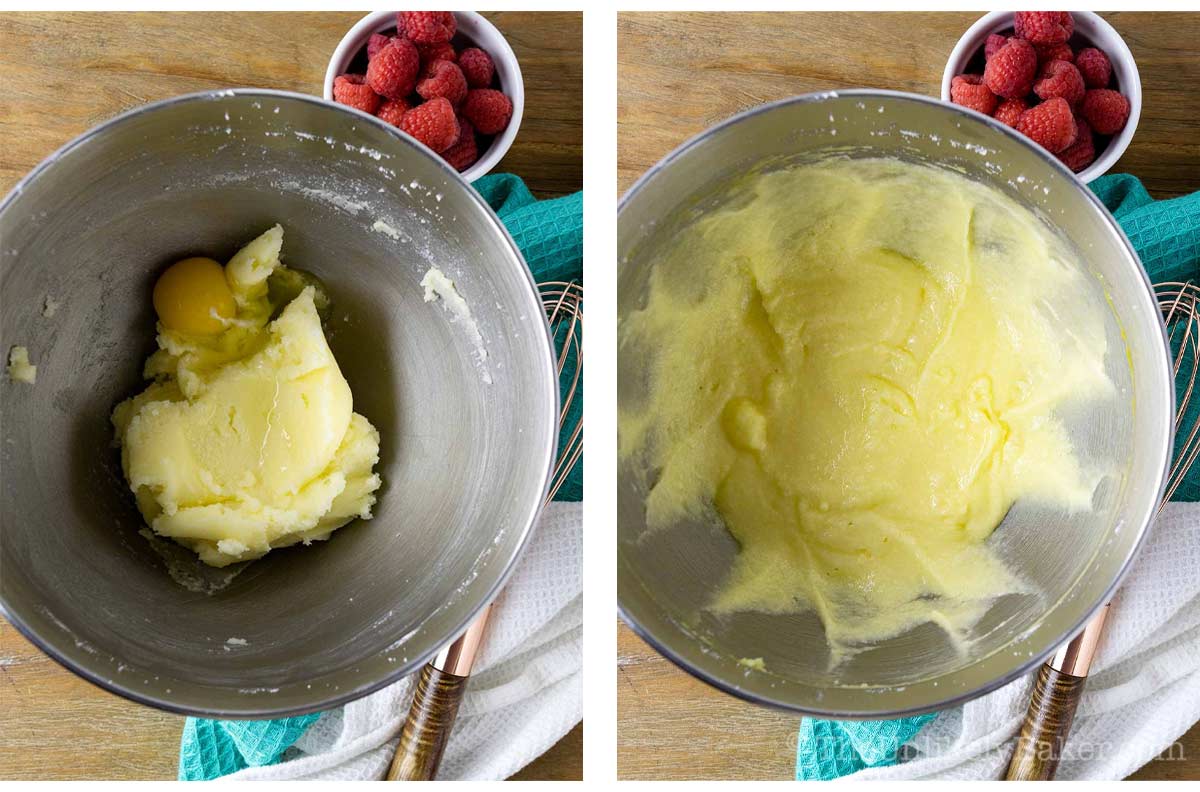 Photo collage - egg added to creamed butter.