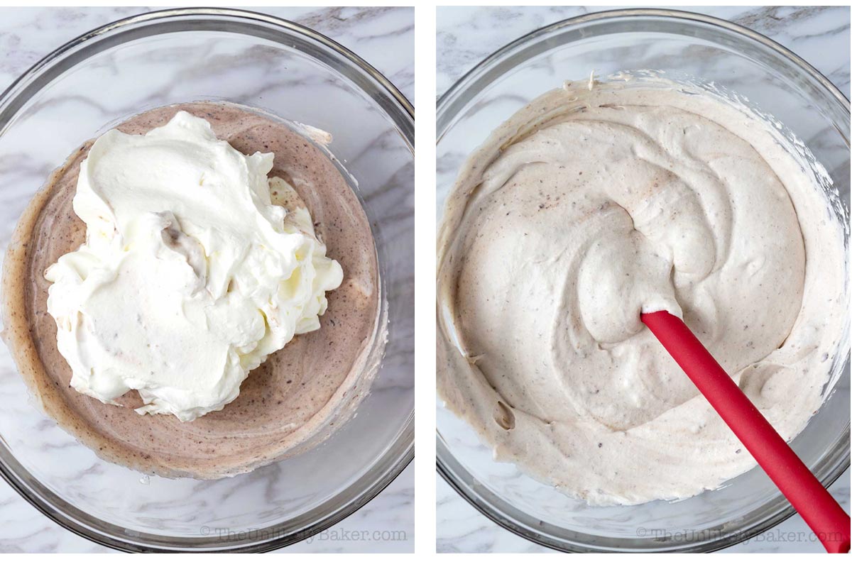 Photo collage - whipped cream added to cherry chocolate ice cream base.