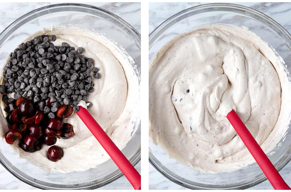 Photo collage - chocolate chips and cherries added to cherry ice cream base.