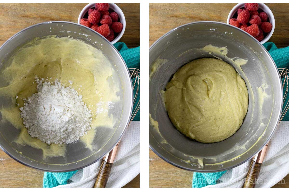 Photo collage - flour mixture added to wet ingredients.
