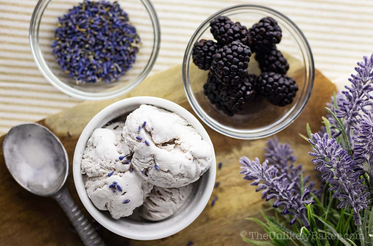 Freshly made lavender ice cream with blackberries on the side.