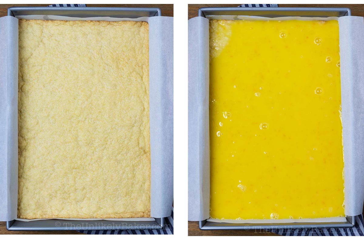 Photo collage - lemon filling on pre-baked shortbread crust.