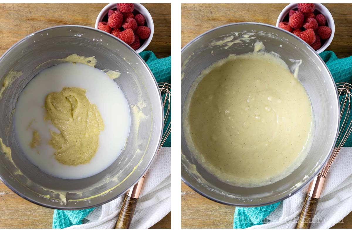 Photo collage - buttermilk added to cake batter.