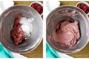 Photo collage - confectioner's sugar added to butter and raspberry jam.