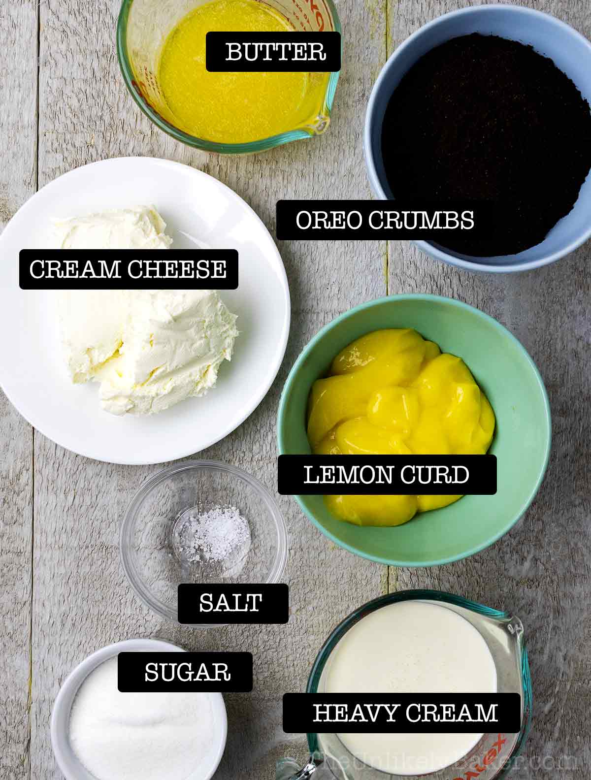 Ingredients for no bake lemon cheesecake - filling and crust.