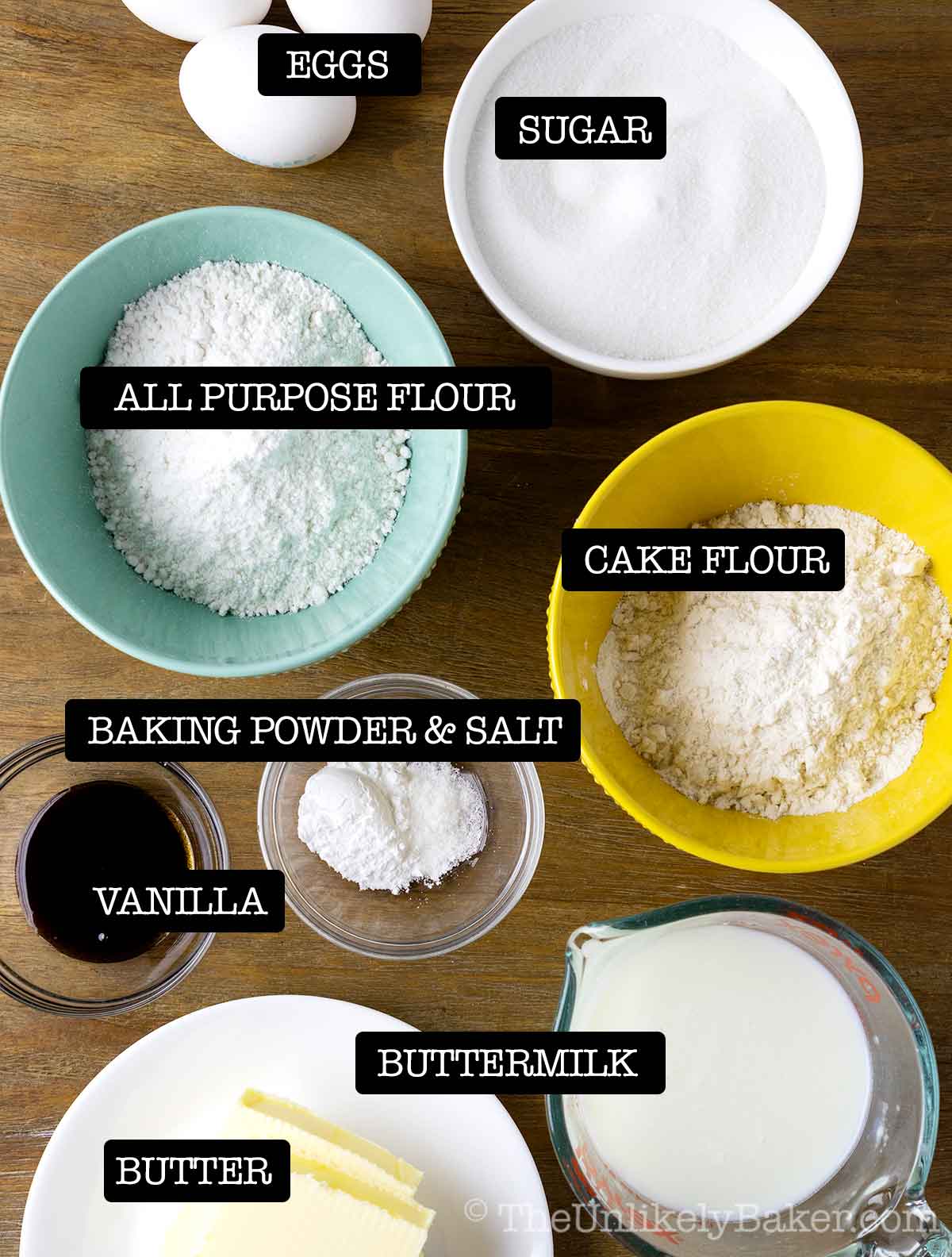 Ingredients for vanilla layer cake.