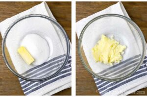 Photo collage - butter and sugar in a bowl.