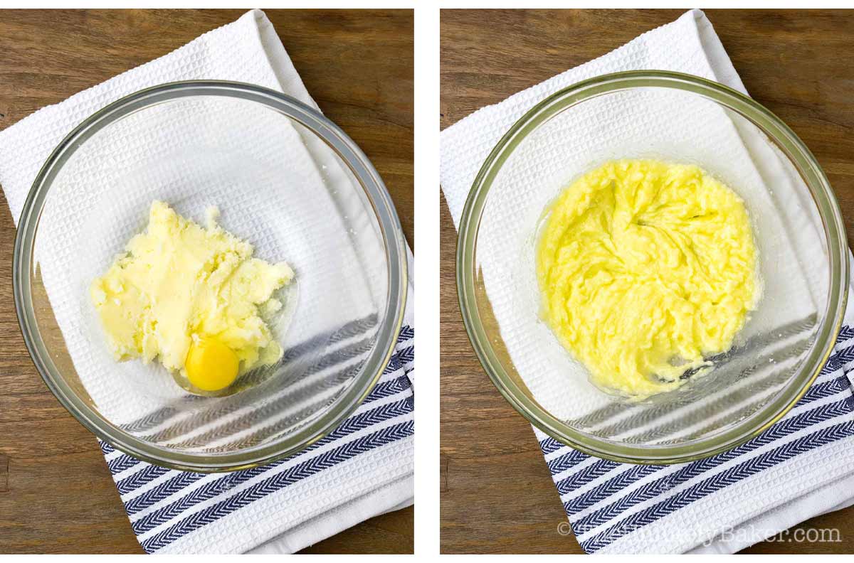 Photo collage - egg added to creamed butter.