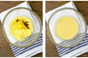 Photo collage - egg and vanilla added to wet ingredients.