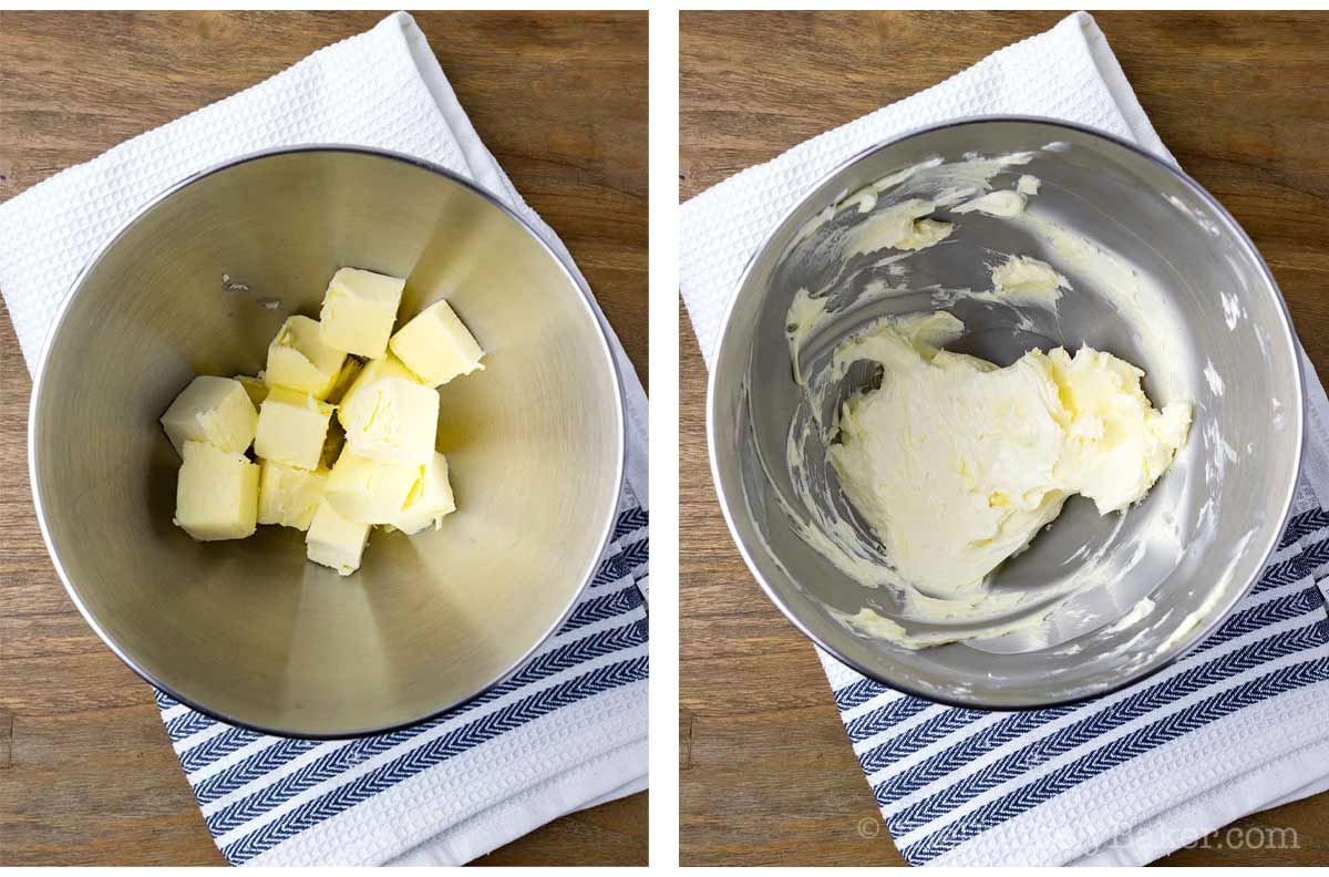 Photo collage - creamed butter in a bowl.