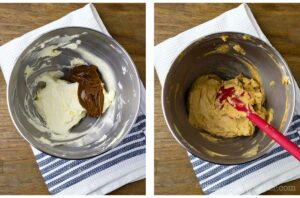 Photo collage - dulce de leche frosting in a bowl.
