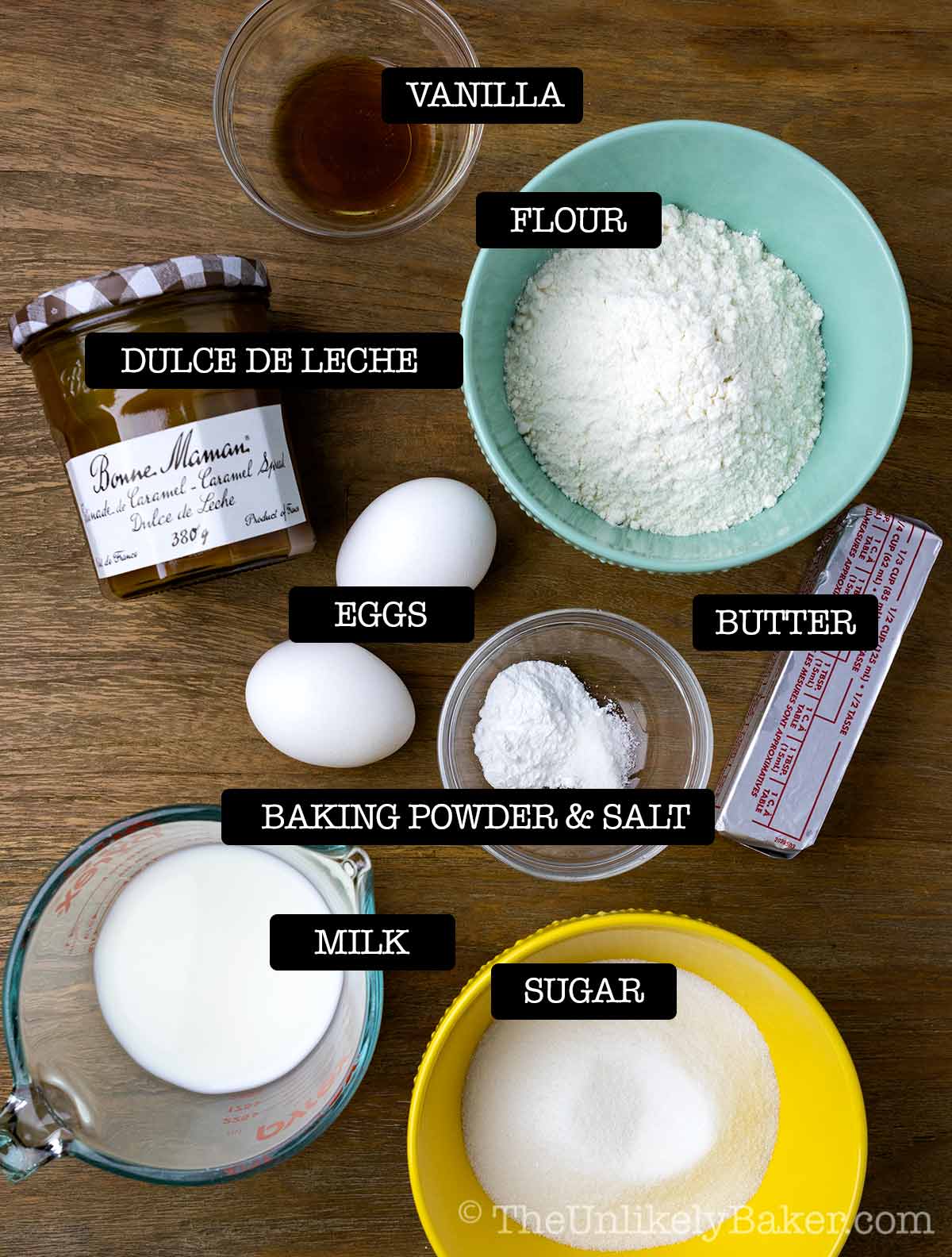 Ingredients to make dulce de leche cupcakes.
