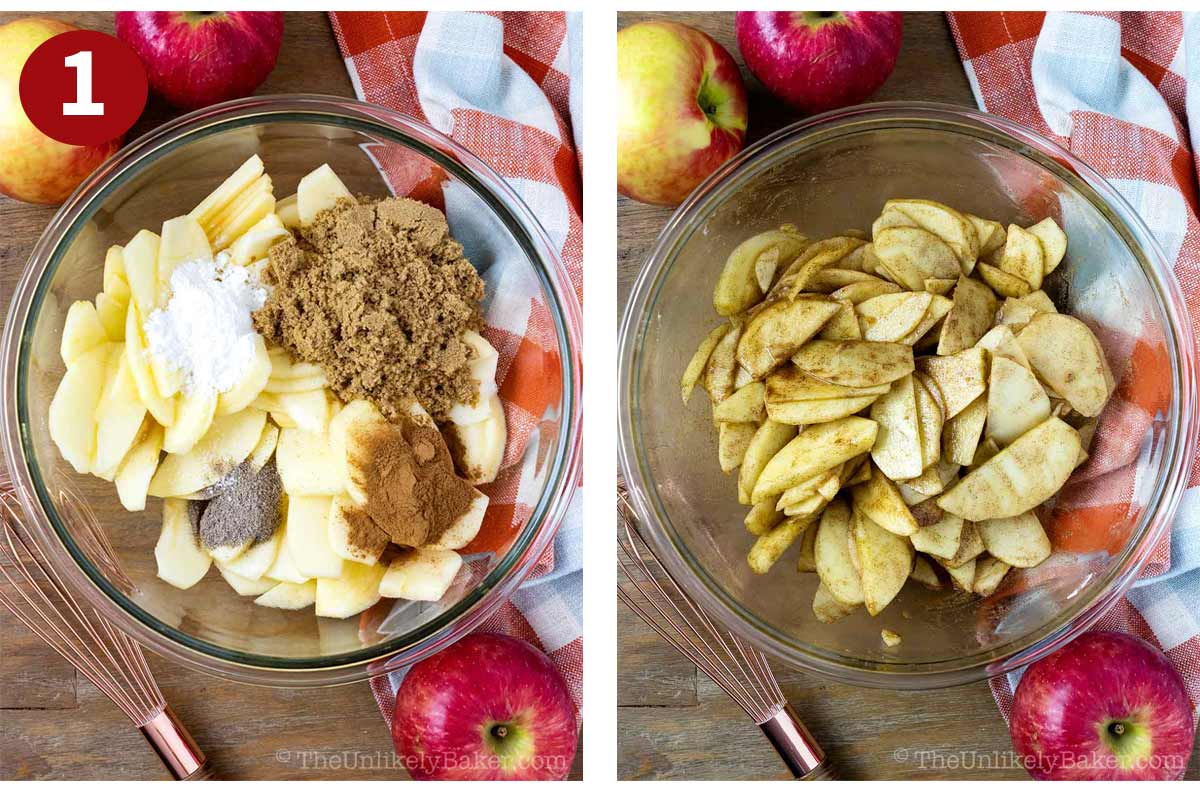 Photo collage - apples blended with spices in a bowl.