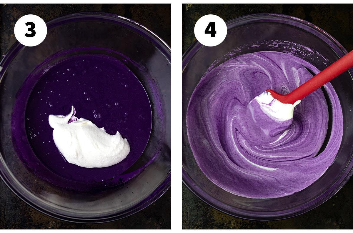 Photo collage - add whipped cream to ube mixture.