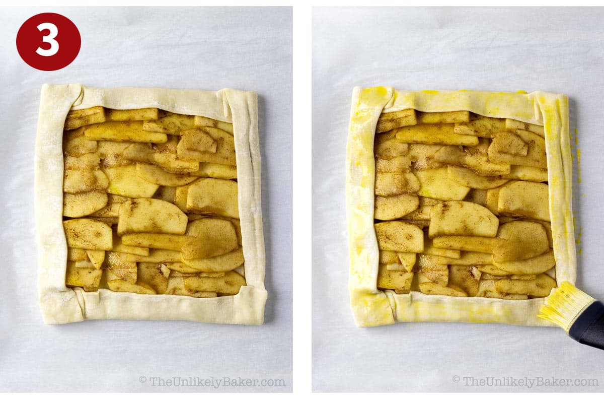 Photo collage - apple filling inside a puff pastry crust.