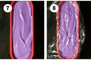 Photo collage - cover ube ice cream with cling wrap before freezing.