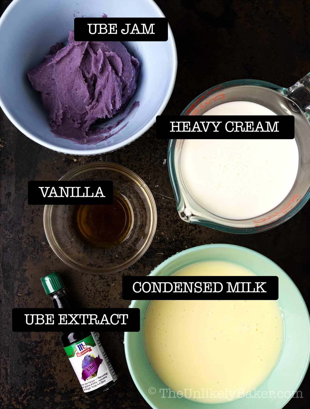 Ingredients for ube ice cream recipe.