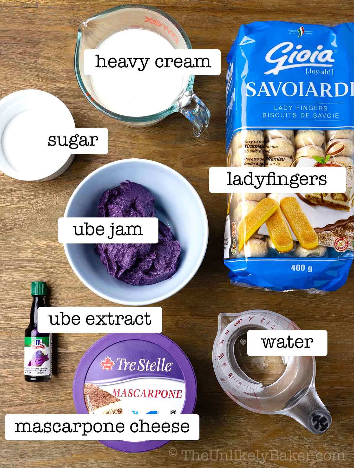 Ube tiramisu ingredients with text overlay.