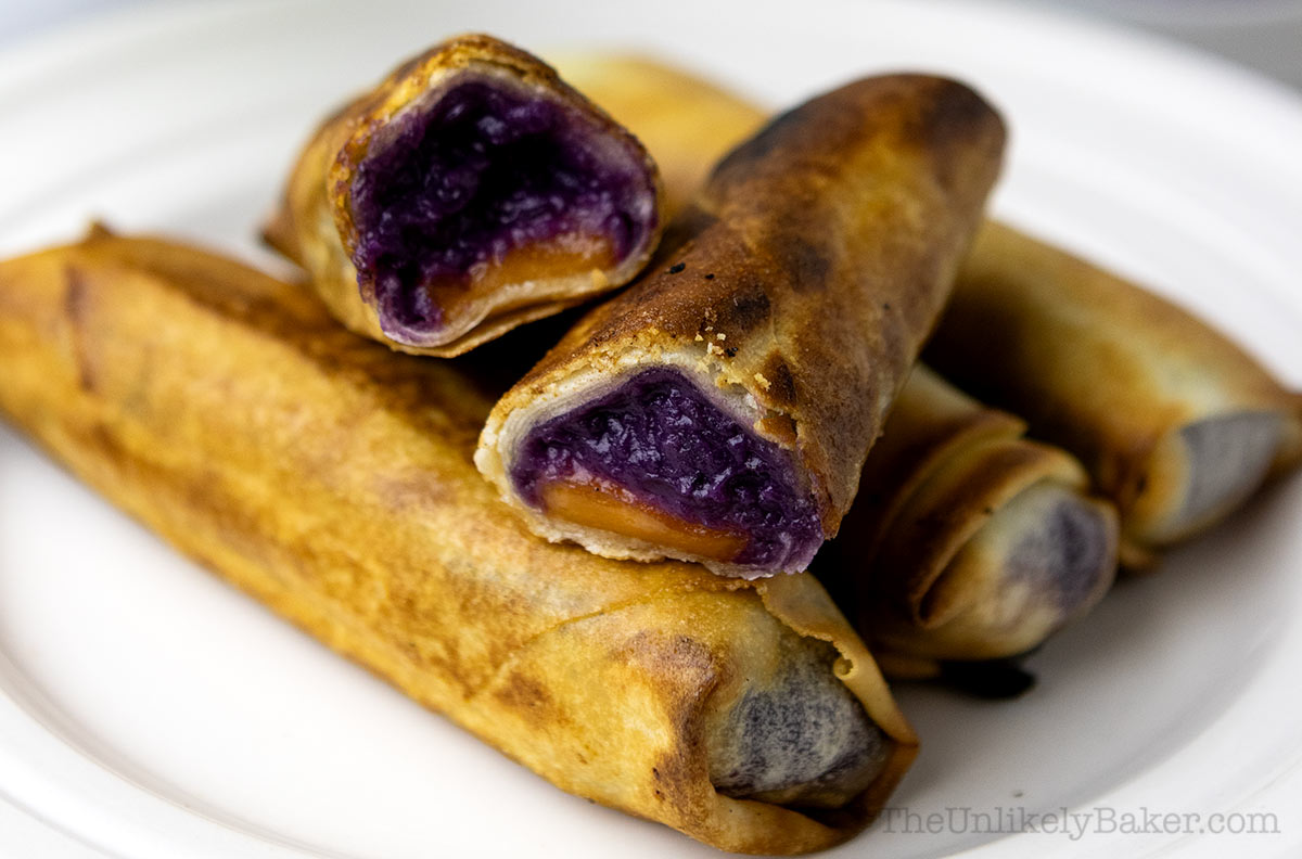Ube turon with cheese on a plate.