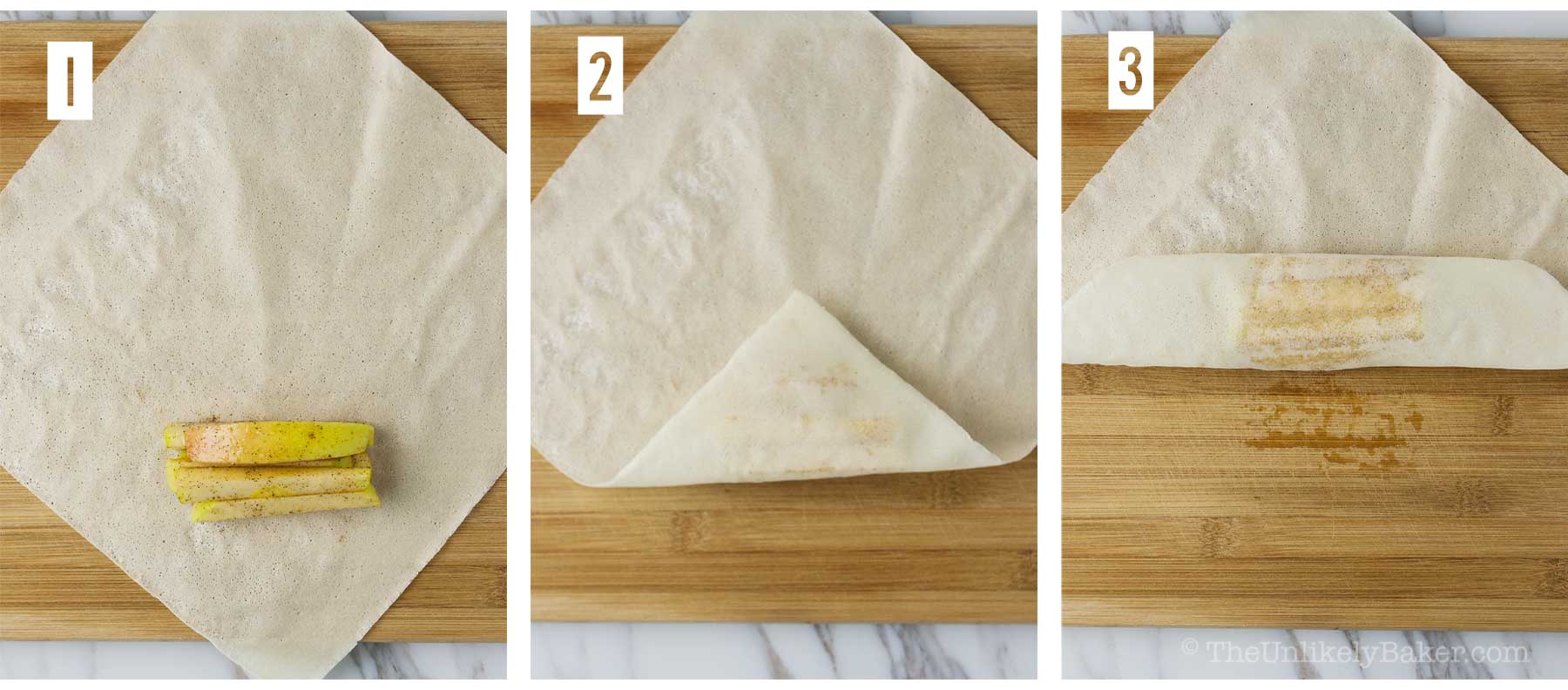 Collage - how to fold apple spring rolls.