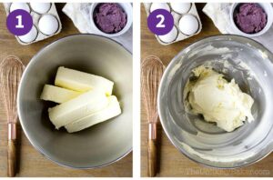 Photo collage - creamed butter in a bowl.