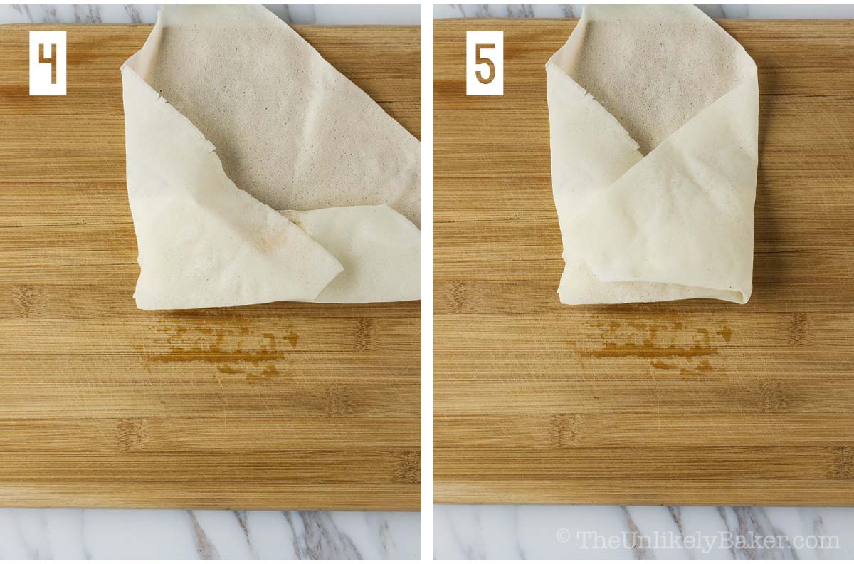 Collage - how to fold apple pie spring rolls.