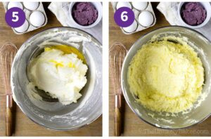 Photo collage - adding eggs to butter and sugar.