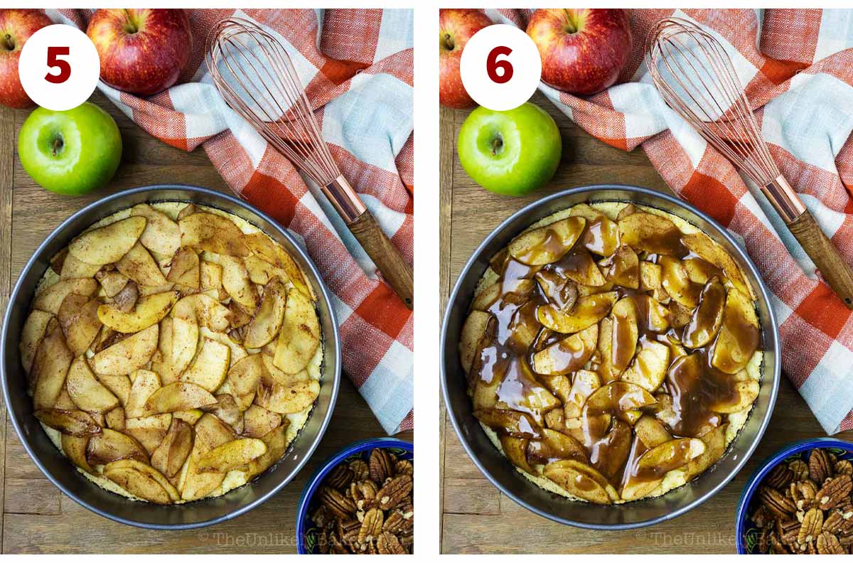Photo collage - sliced apples and caramel in a pan.