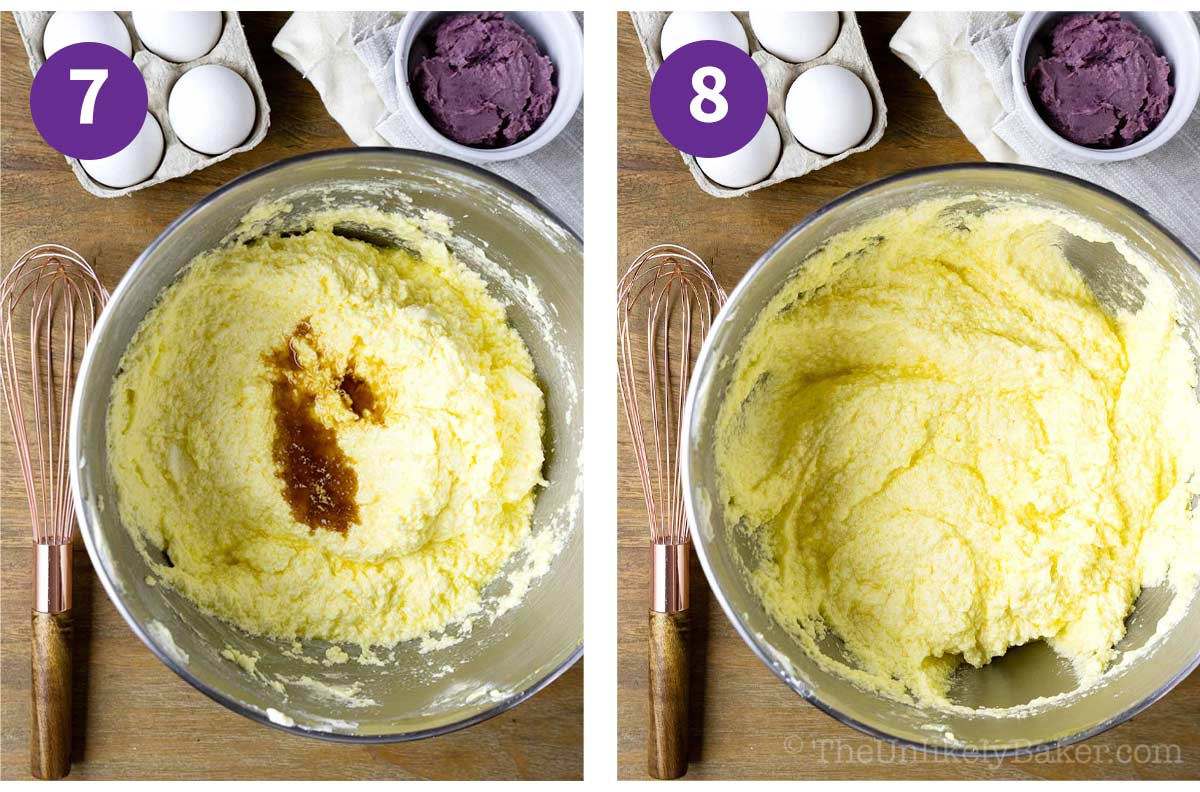 Photo collage - adding vanilla extract to cake batter.