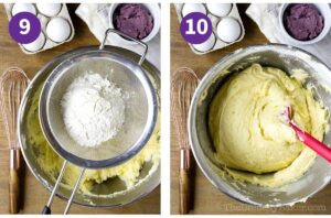 Photo collage - sifting flour mixture to cake batter.