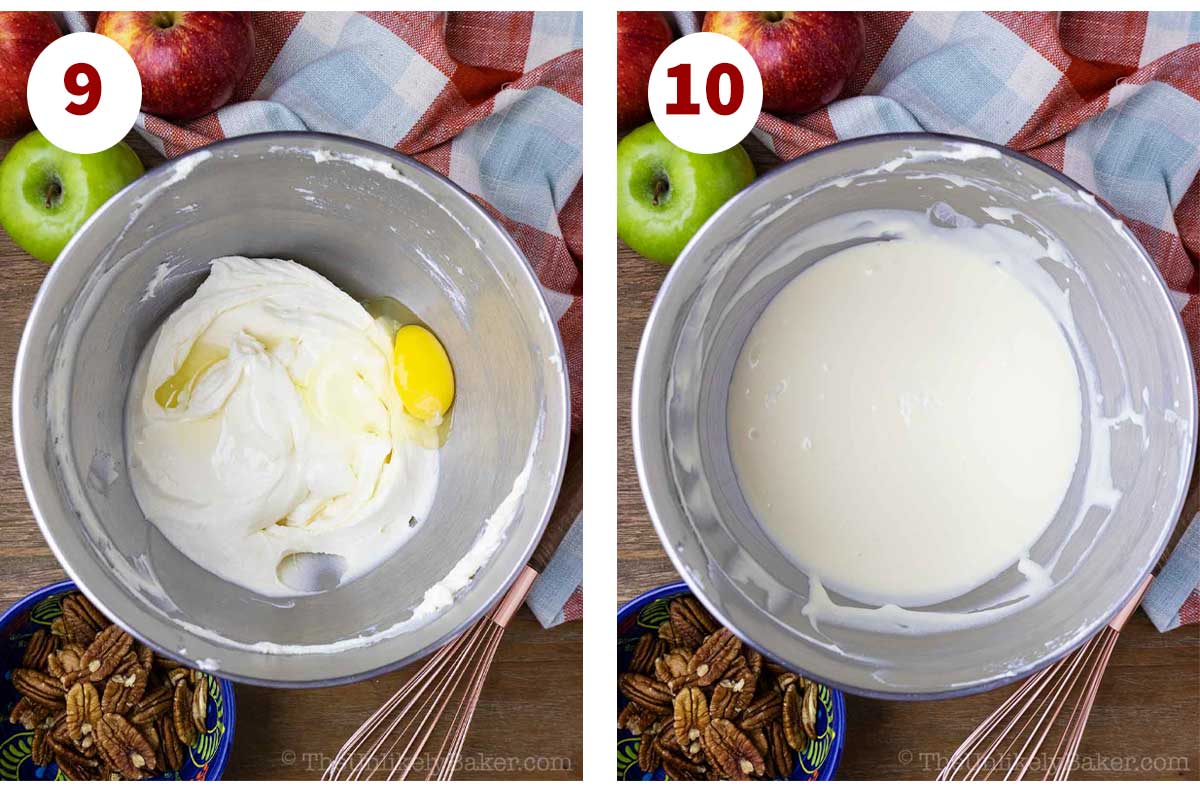 Photo collage - egg added to cheesecake batter.