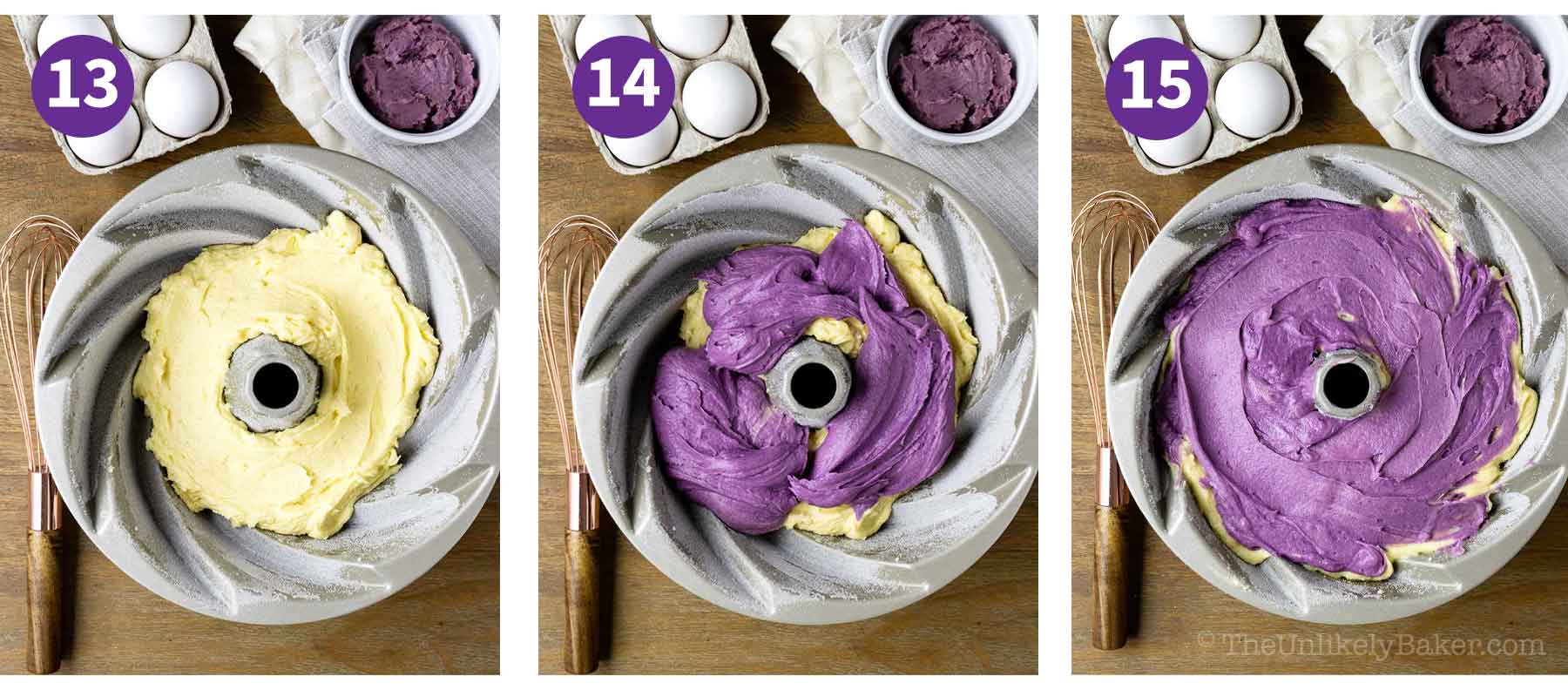 Photo collage - how to layer ube marble cake in a bundt pan.