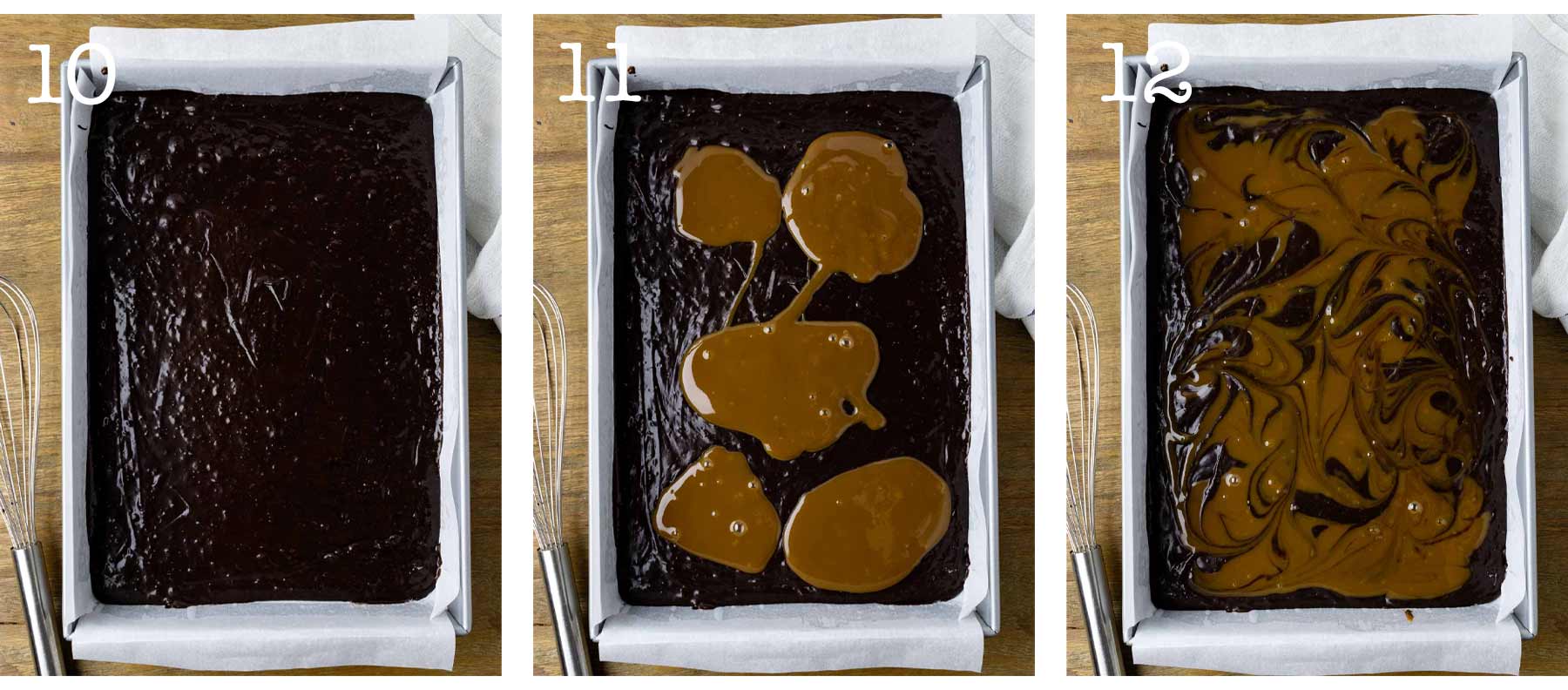 Photo collage - brownie batter topped with dulce de leche in pan.
