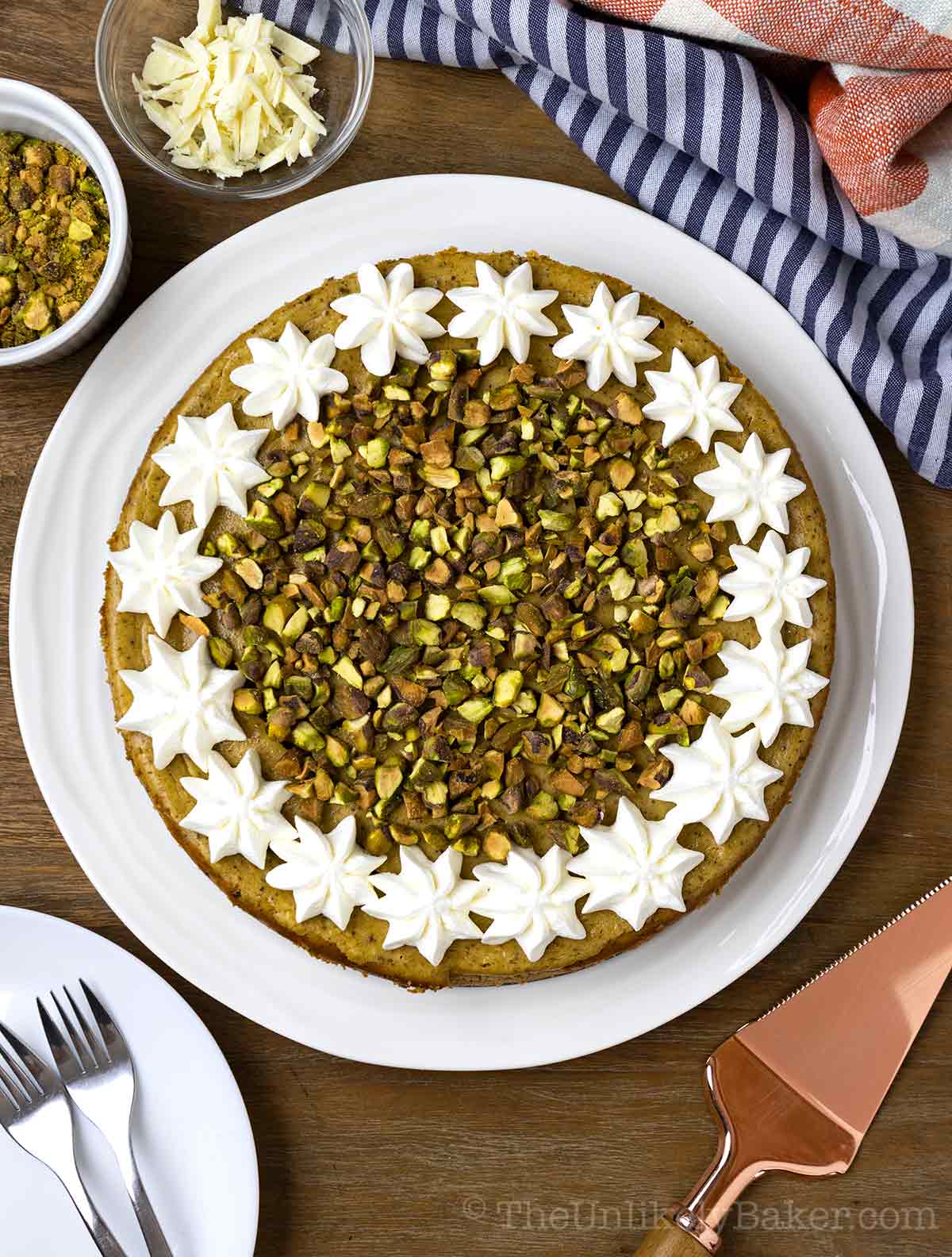 Overhead shot of pistachio cheesecake ready to serve.