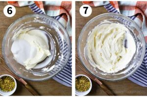 Photo collage - cream cheese and sugar in a bowl.