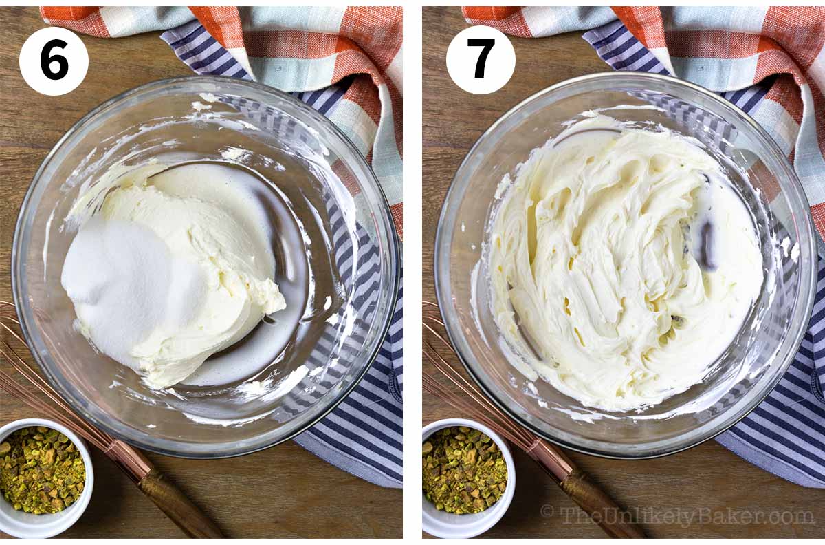 Photo collage - cream cheese and sugar in a bowl.