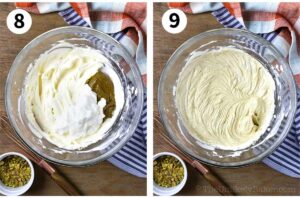 Photo collage - cream cheese and pistachio mixture in a bowl.