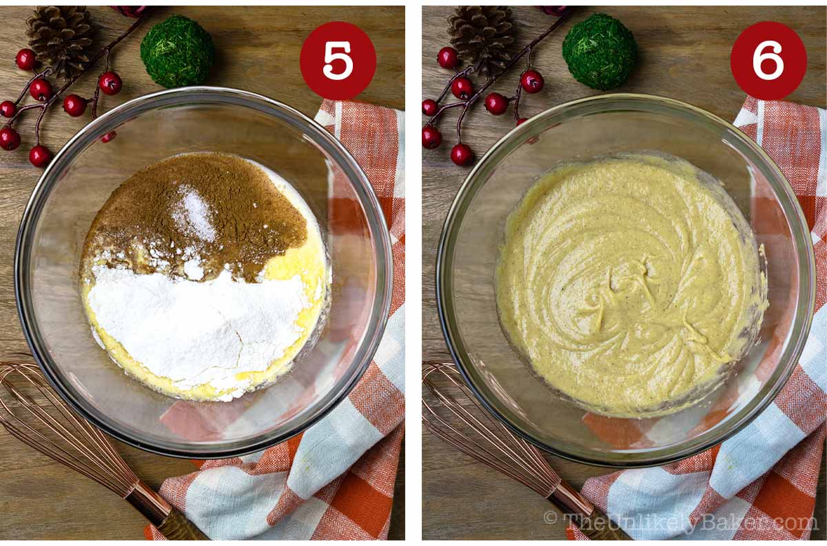 Photo collage - eggnog and vanilla pudding mixture in a bowl.