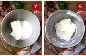 Photo collage - sugar and cream cheese beaten in a bowl.