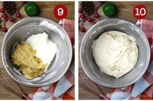 Photo collage - eggnog mixture and cream cheese mixture combined in a bowl.