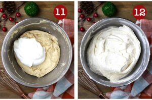 Photo collage - whipped cream added to eggnog cream cheese mixture in a bowl.