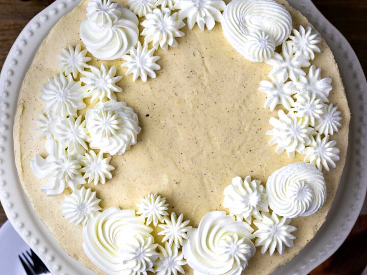 Overhead shot of no bake eggnog cheesecake.