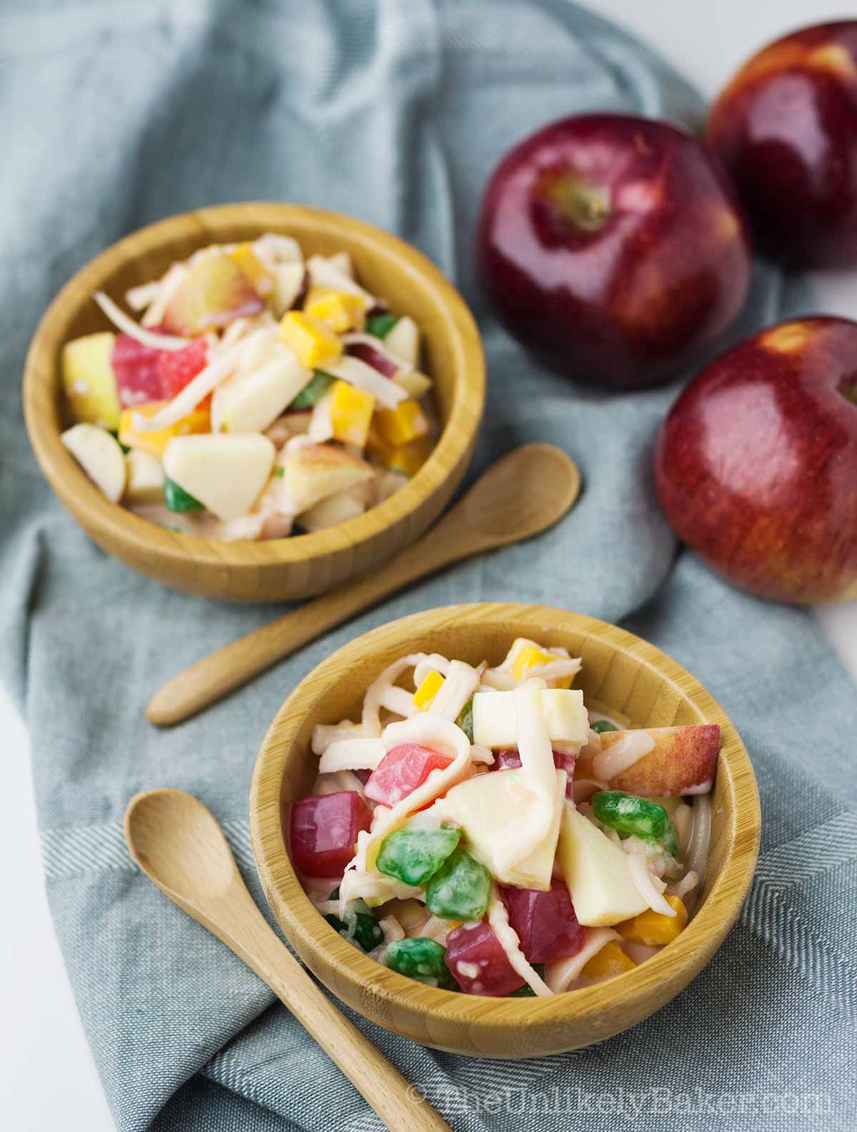 Refreshing buko salad in wooden bowls.