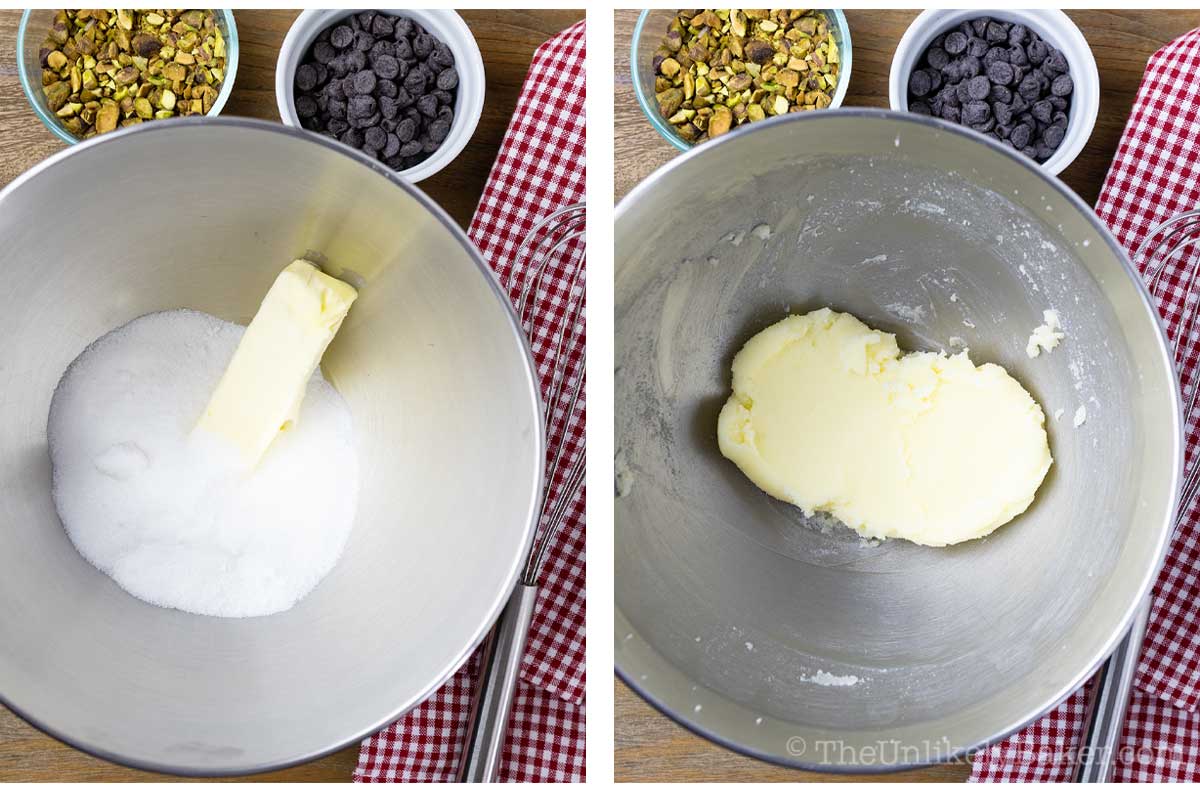 Photo collage - sugar and butter in a bowl.