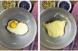 Photo collage - egg and vanilla added to creamed butter.