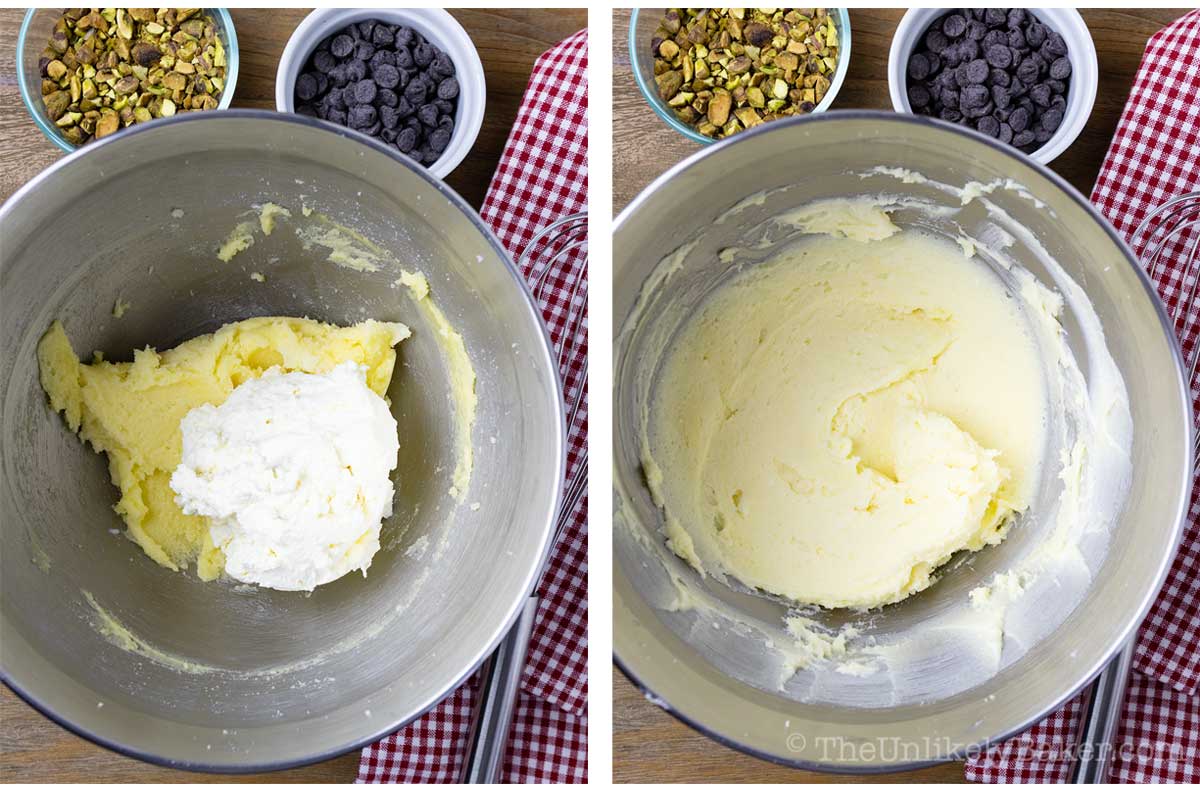 Photo collage - mascarpone cheese added to butter mixture.