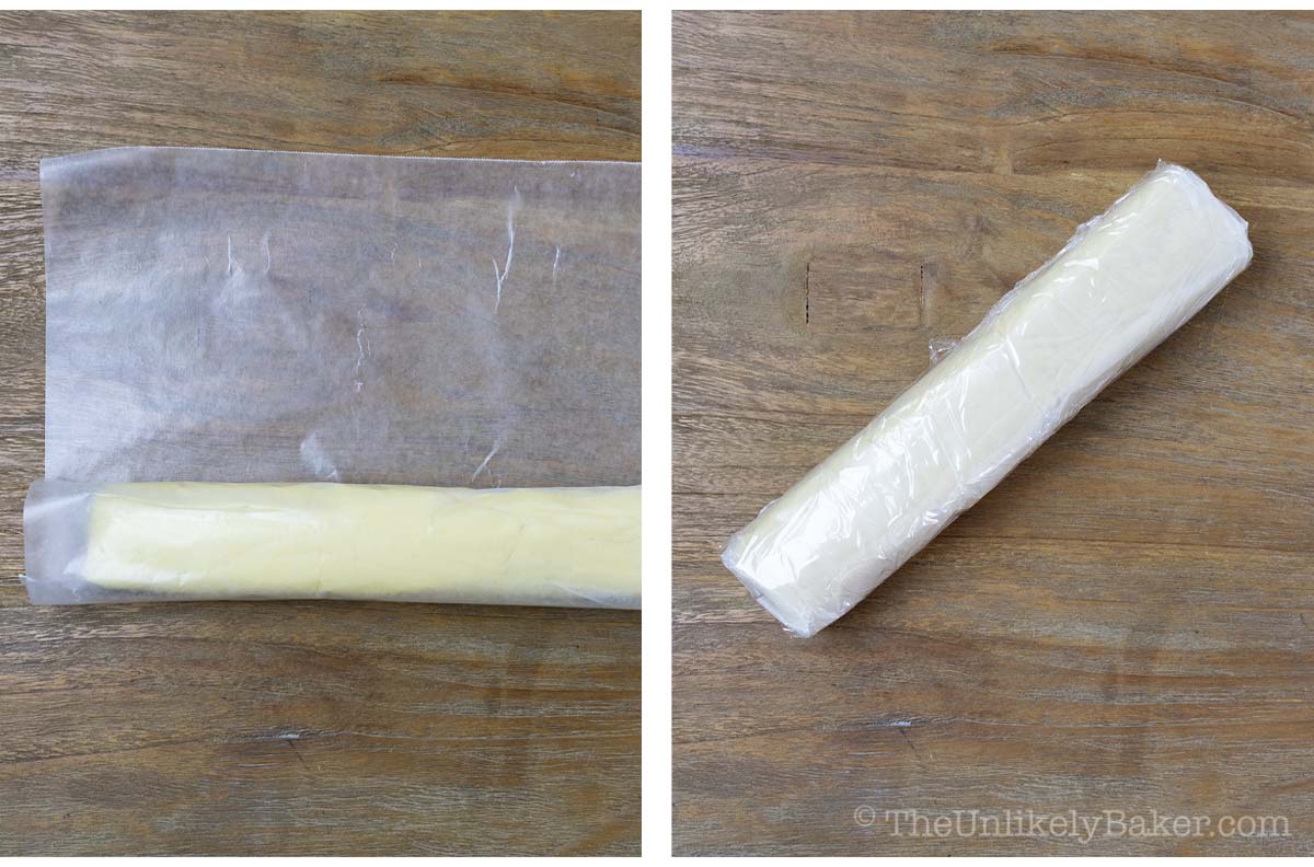 Photo collage - cookie dough wrapped for freezing.